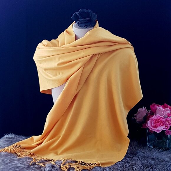 Vintage Golden Yellow Cashmere Pashmina Wrap Evening Shawl Christmas Gift - Picture 1 of 6